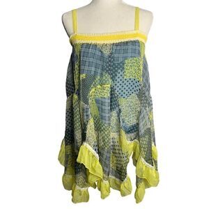 Miuccia Patchwork Chiffon Baby Doll Top S Blue Floral Shirring Ruffles Lined